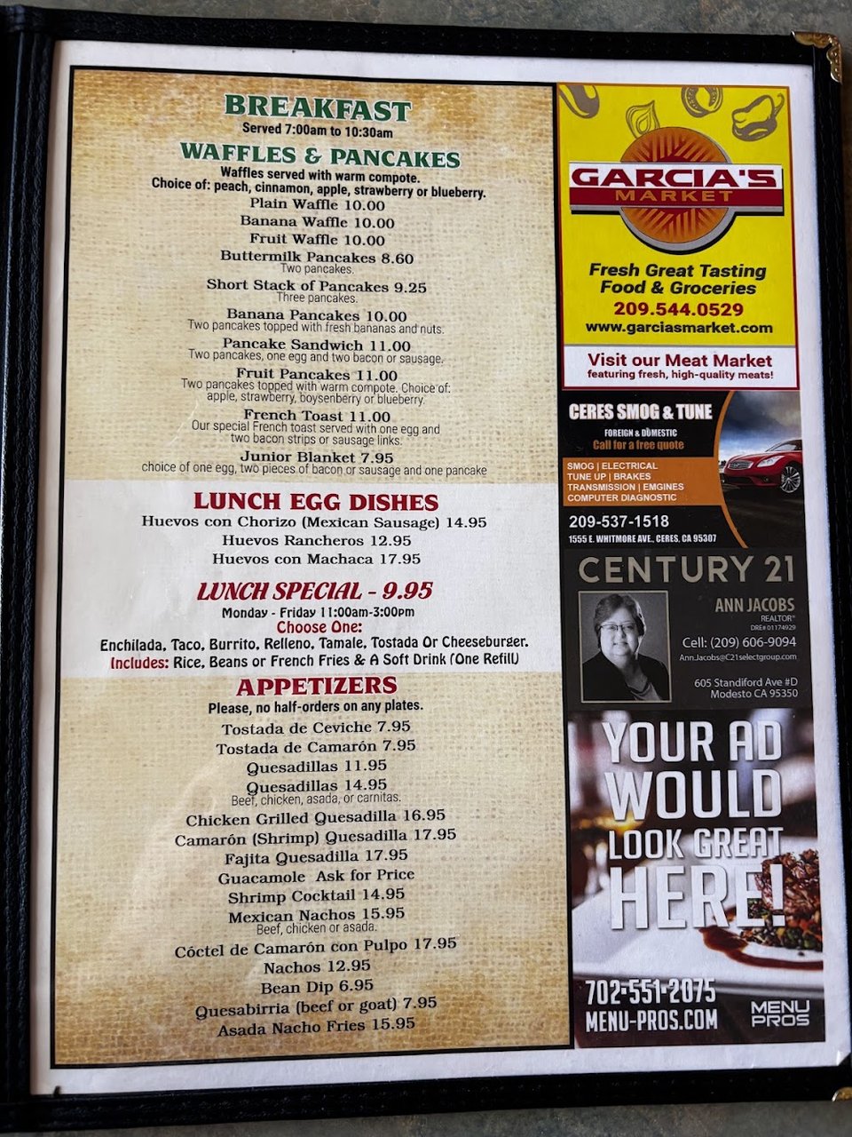 Breakfast menu for dine-in or takeaway.