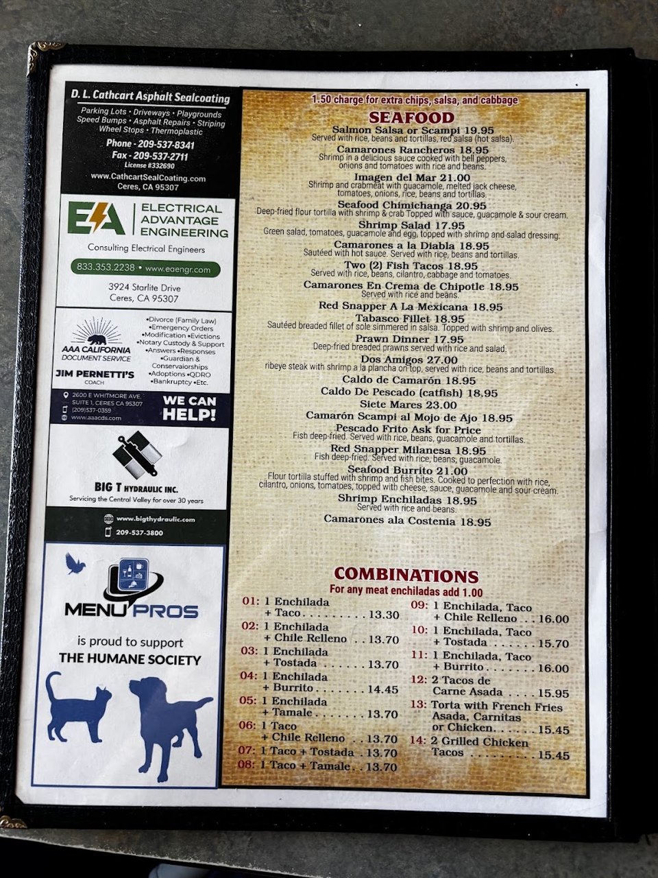 Menu layout for a casual Mexican restaurant.